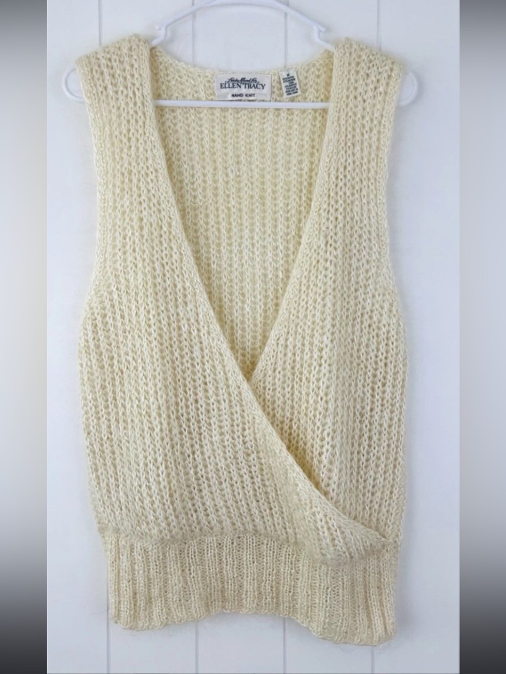 Vintage Ellen Tracy Cream Open Knit Surplice Sweater Vest HAND KNIT Coquette M